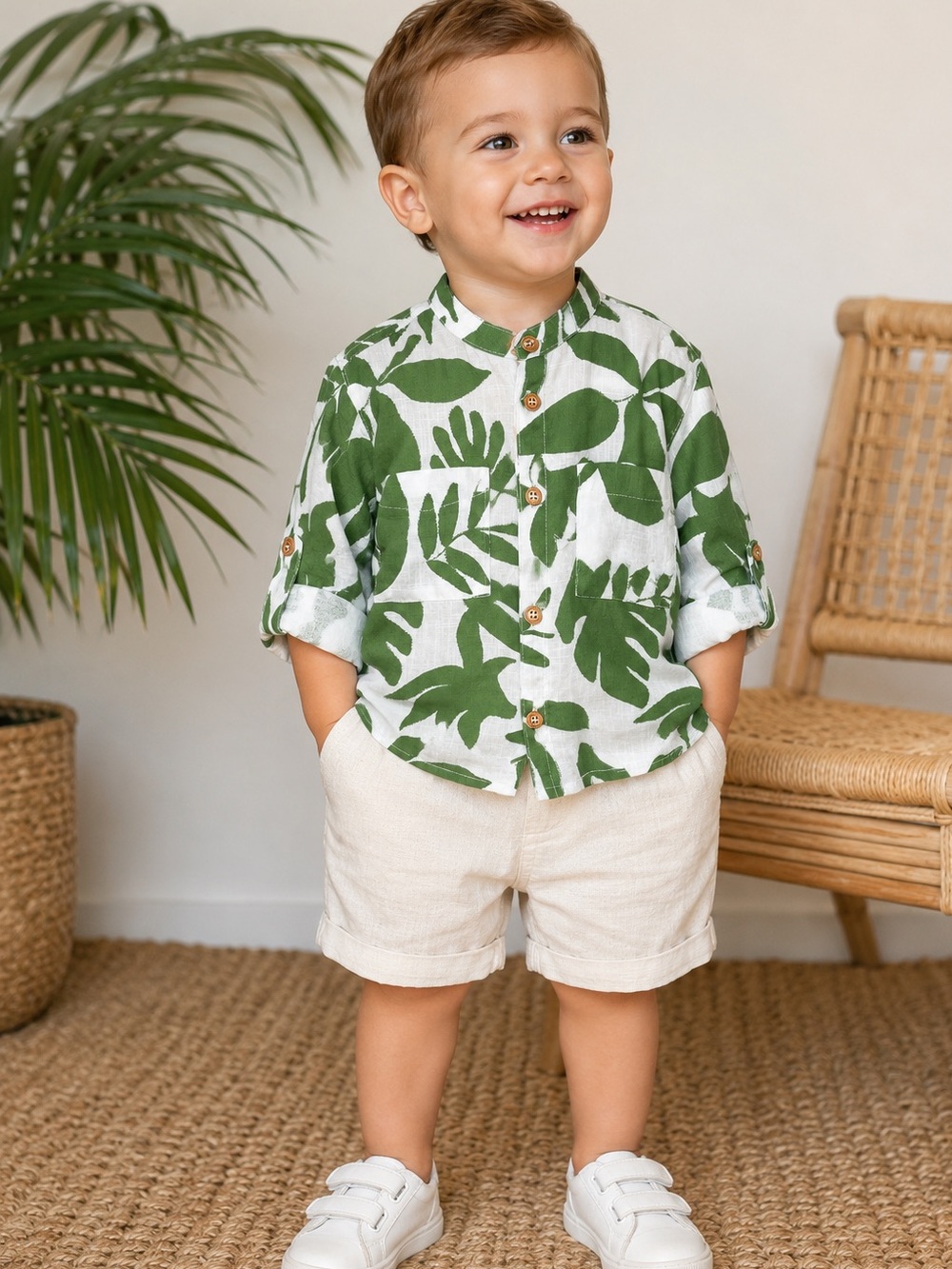 Zara Baby 18–24M 92cm Green Leaf Button Shirt Tropical Linen Look Cotton NWT